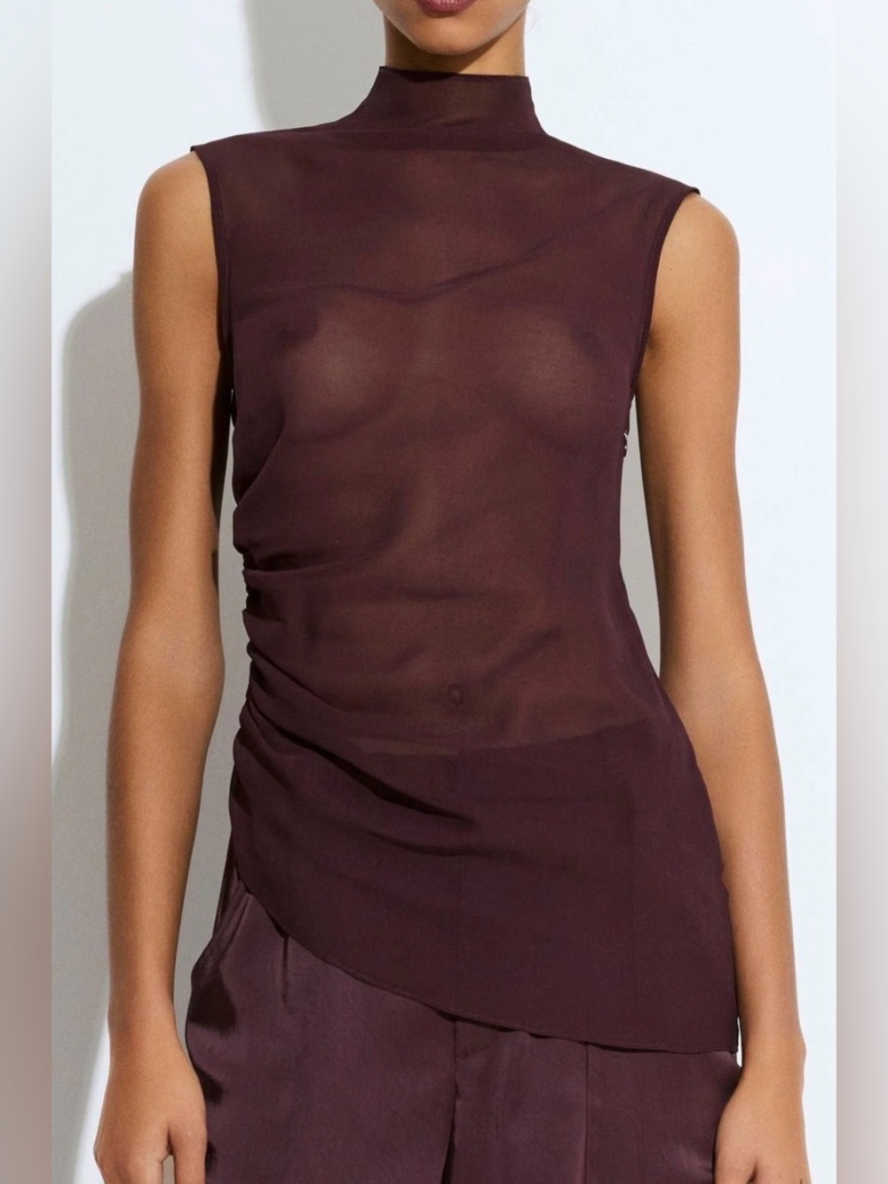 LAPOINTE Lightweight Georgette Mock Neck Ruched Top